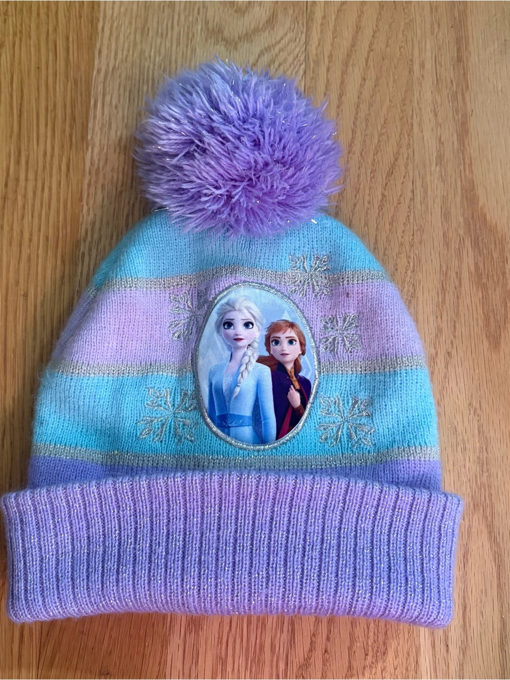 Disney Frozen Elsa Pom Pom Beanie Hat Cap Knit Winter Purple Blue